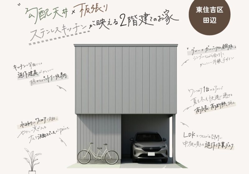 《大阪市東住吉区》 勾配天井×板張り ステンレスキッチンが映える二階建てのお家 新築完成見学会